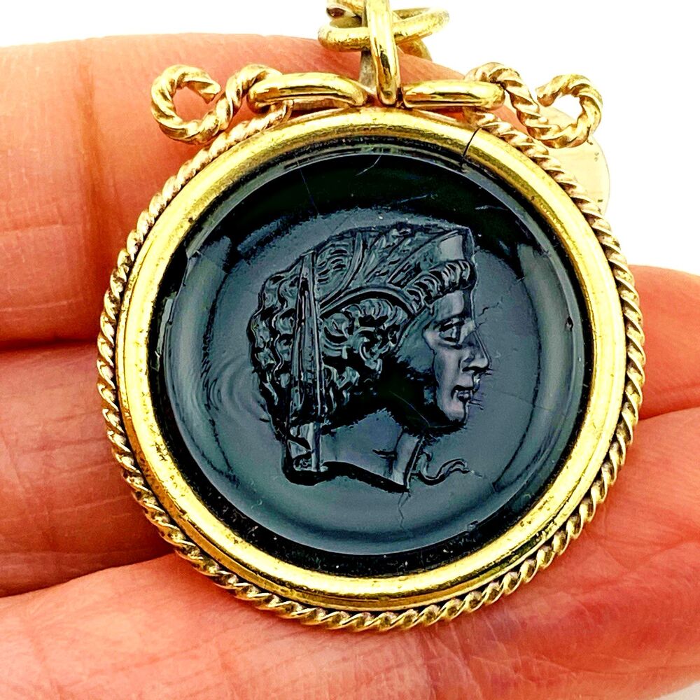 Antique Black Pressed Glass Paste Cameo Fob Pendant French Jet Gold Filled
